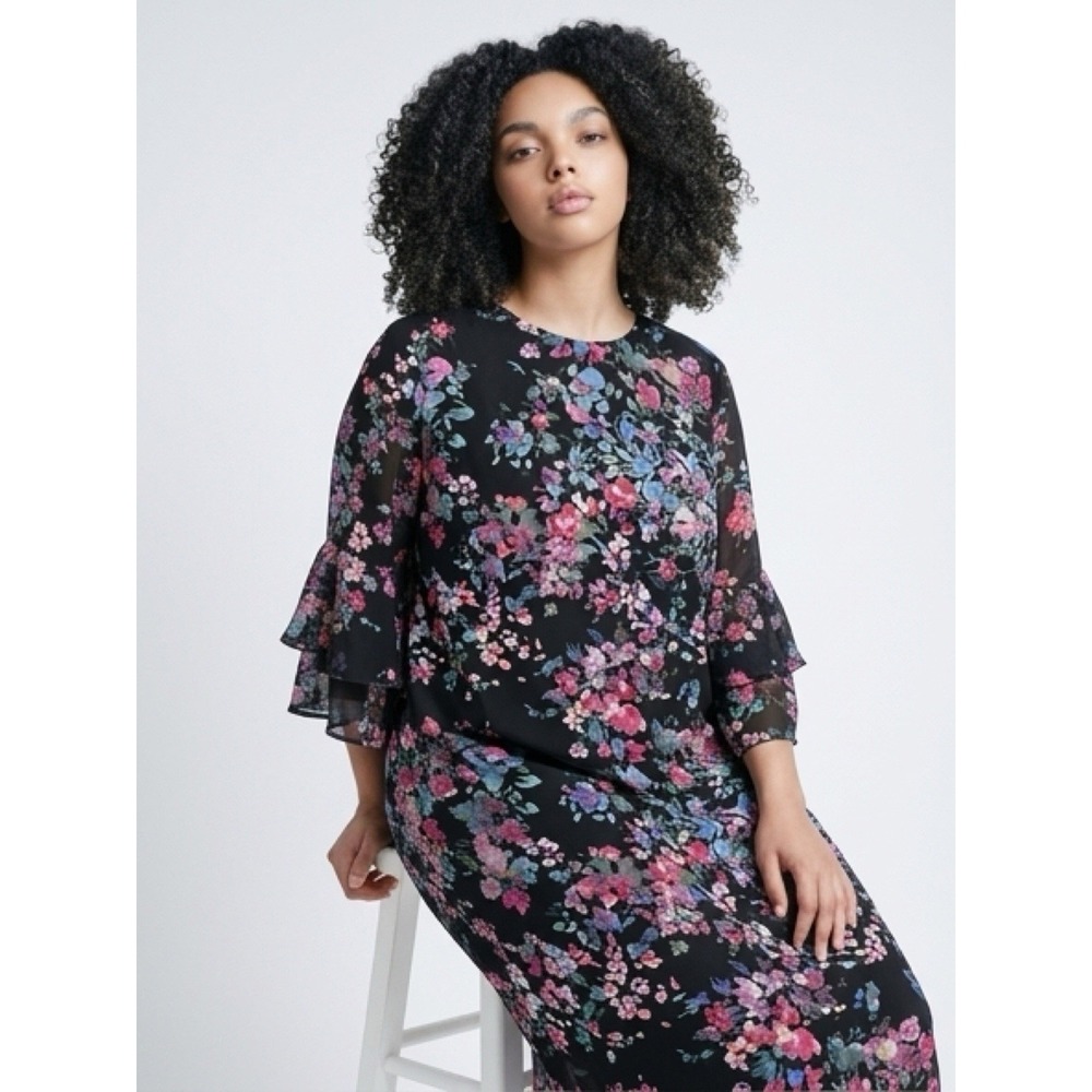 (8/B22))Sharagano Sleeve Black Floral Chiffon Shift Dress Size16w